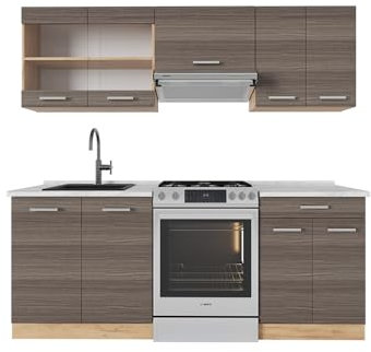 Vicco Küchenzeile R-Line, Küchenblock, Edelgrau/Goldkraft Eiche, 200 cm, AP Marmor