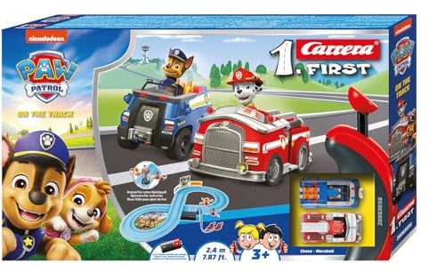 Carrera First PAW Patrol, On The Track – Spielbahn mit Chase & Marshall, kindgerechte Handregler, 2,4 Meter Strecke & interaktive Elemente – Für kleinen Rennspaß und Abenteuer
