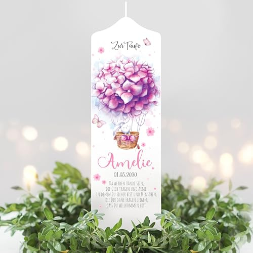 Wandtattoo Loft Taufkerze Mädchen Taufspruch, Motiv Heißluftballon aus rosa Blumen, 25cm x 8cm, personalisierte Kerze, bedruckte Kerze zur Taufe, Stumpenkerze, Geburtskerze, Taufgeschenk