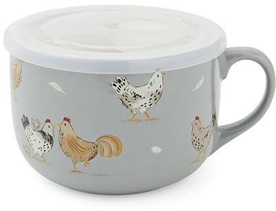 Cooksmart Hen House Lane Soup Mug | 600ml Stoneware Mug with Plastic Lid | Rustic Farmhouse Hen Design | Dishwasher & Microwave Safe | Ideal for Soups & Hot Drinks | Perfect Kitchen Essential