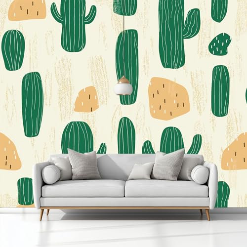 3D Panoramic Wallpaper Mural, 350 x 256 cm Photo Wallpaper Mural, Cartoon Cactus Photo Wallpaper 3D Effect,Beige Mural - Poster for Bedroom Living Room Corridor