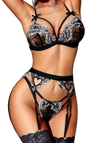 RSLOVE Conjunto de lencería para Mujer con Liguero de 3 Piezas de Encaje | Diseño de encaje con corte de corazón, ajuste ajustable, tela elástica suave, conjunto de lencería romántica de 3 piezas