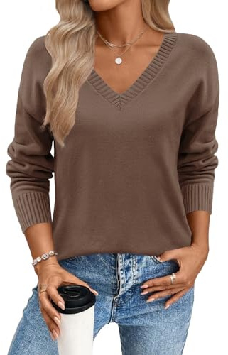 Zeagoo Jersey Punto Mujer Invierno Cuello en V de Manga Larga Suéter Basica Pullover Tops Elegante Ligera Sweater Otoño Cálido Cómodo Marrón S