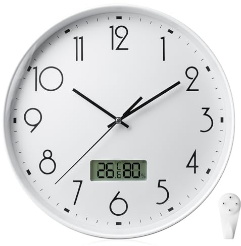 PORFOYO 30cm Wanduhren mit Zifferblatt LCD, Funkuhr Wand mit Temperaturanzeige und Luftfeuchtigkeit, 12 Zoll Geräuschlos Quarz Wanduhr Batterie Betriebene für KüChe Schlafzimmer, Büro, Badezimmer