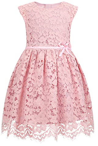 ALLOVIN Abito in Pizzo Senza Maniche a Linea A per Bambine e Toddler, Festa, Compleanno, Matrimonio e Damigella con Fiocco con Perline | Rosa Chiaro | 6-7 Anni