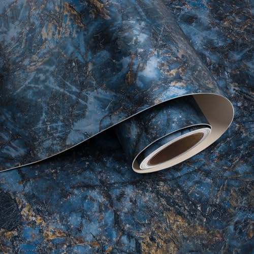 VaryPaper Klebefolie Marmoroptik Blau Gold Matt Küchentapete Abwaschbar 40cmx200cm Klebefolie Möbel Vintage Marmor Folie Arbeitsplatte Küche Vinyltapete Badezimmer Wohnzimmer Tisch Schrankfolie