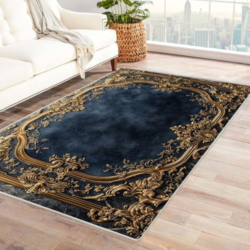 TODOAA Wohnzimmer Kurzflor Abstrakt Teppiche Vintage Goldener Teppich für Kinderzimmer,Schlafzimmer, Esszimmer rutschfest Weich Modern Boho In & Outdoor Teppich Groß(blau)-120x150cm