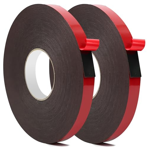 Brightora 2 Rolls Heavy Duty Strong Double Sided Tape - Waterproof Foam Mounting Tape - Low Temperature Operation, 1mm Thick, For Automotive, Offices, Home, Panel Mounting, Decoration(10mm x 10meter)