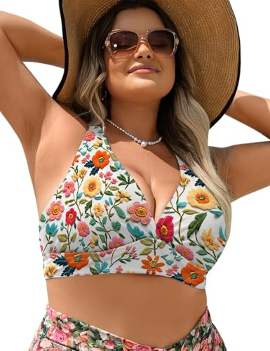 Curvtide Floral Bikini Tops Women Plus Size Bathing Suit Top Only Swim Suit Built-in Padded Swim Bra for Large Bust Ladies XL(Sunflower,2XL)
