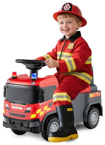 GOPLUS Kinder Rutschauto, 2 in 1 Schiebeauto, Feuerwehrwagen mit Lichtern, Geräuschen & Stauraum unter dem Sitz, Rutschfahrzeug tragbar für Jungen und Mädchen ab 18 Monaten (Rot)