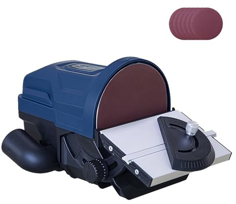 Kit de lijadora de banda de banco pequeña, lijadora eléctrica de banda de 1150-3600 rpm con 6 lijas y abrazadera, 6 velocidades, mesa de trabajo inclinable, ideal para madera