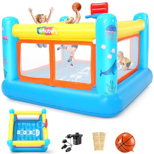 AKEYDIY Aufblasbare Hüpfburg 172x172x128cm，Aufblasbare PVC Hüpfburg für Kinder von 3-6 Jahren, für drinnen und draußen, inklusive Basketballkorb, Spielplan, Gebläse und Basketball
