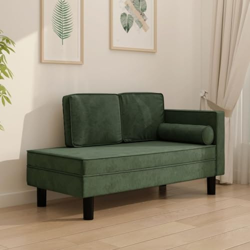 Fangmaliuyun Chaiselongue Dunkelgrün 118 cm Samt Recamiere mit Nackenrolle & Kissen Robust Holzrahmen Modernes kleines Sofa für Wohnzimmer Schlafzimmer Flur