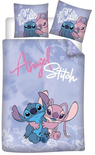 Disney Stitch & Angel Kinder Bettwäsche 2tlg. Set 135–140x200 cm + 65x65 cm, Hotelverschluss, weicher Baumwolle/Polyester-Mix, blau-lila Design
