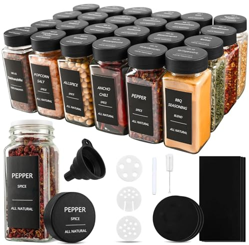 Suetou Kryddburkar med ströinsats 24 x 120 ml + 192 vattentäta etiketter – lufttäta kryddglas fyrkantiga – kryddströare glas – kryddburkar set – kryddbehållare tom – kryddburkar svarta