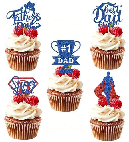 20 PCS Blue Glitter Fathers Day Cupcake Toppers #1 Dad Trophy Best Dad Ever Cupcake Picks Father's Day Cake Decorations for Birthday Party Supplies