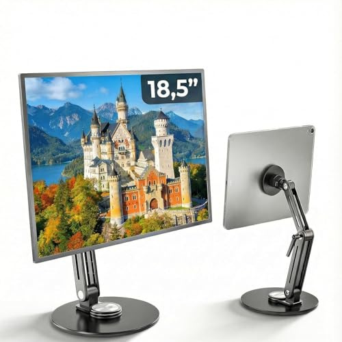 Feising Support Tablette & Écran Portable Magnétique Aluminium 360° Rotatif Pliable Réglable Compatible 4.7-18.5 Téléphone iPad Moniteur VESA 75mm Pour Bureau & Lit (Jusqu'à 18,5'')