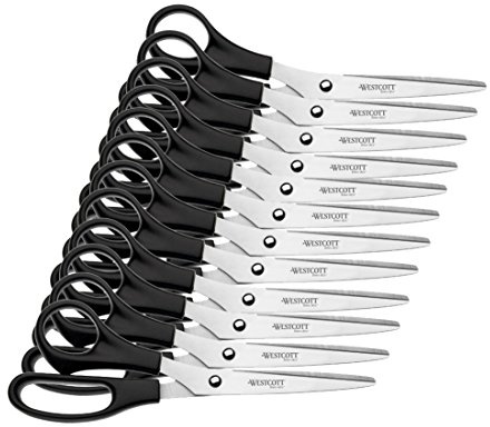 Westcott Schere 8 (20,3 cm) Schwarz Linkshänder 12 Stück | Büroschere mit schwarzen Kunststoffgriffen | Extrascharfe Klinge, rostfreier Edelstahl | Papierschere, Haushaltsschere | E-31182 00