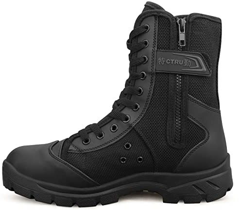 QUNLON Hommes Bottes Militaires Noires Rangers Militaire Homme Bottes Moto Homme Bottes de Combat avec Zip Latéral Botte Airsoft Tactiques en Plein Air 41EU
