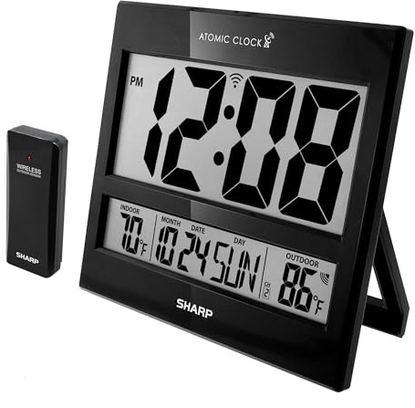Sharp Atomic Clock – Never Needs Setting, Jumbo 3” Easy-Read Display, Indoor & Outdoor Temperature with Wireless Sensor, Large Digital Wall or Desk Clock, Battery Operated, Auto Atomic Time Sync