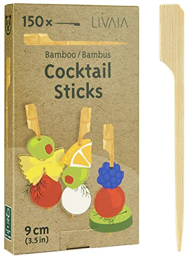 Pinchos para aperitivos: 150x pinchos de bambú para aperitivos y palillos para coctel de 9 cm - platos y vasos de comunion - brochetas originales de madera y bambu para aperitivos de LIVAIA