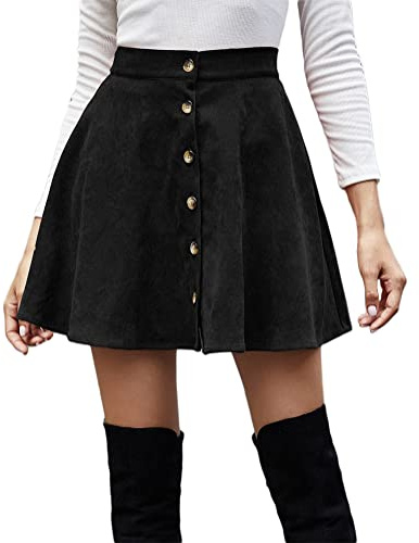ORANDESIGNE Jupe Femme Hiver Court Velours Côtelé Jupe Trapèze Taille Haute Vintage Élégante Couleur Unie Patineuse Mini Robe Streetwear Y2k Skirt Noir L