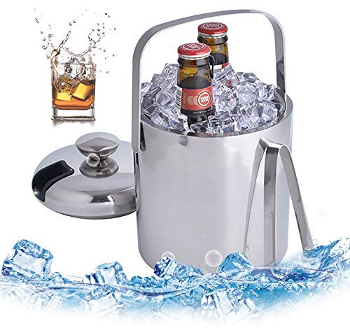 Edelstahl Eisbehälter Eiskübel Eiswürfelbehälter mit Deckel und Eiszange Doppelstöckiger Design Sektkühler Eiswürfelbehälter Eiskübel 1,3L