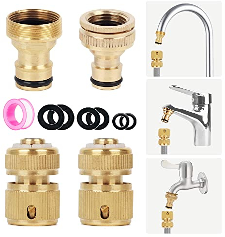 Garden Hose Tap Connector & Kitchen Mixer Tap Hose Connector Set (Brass) - 1 Mixer Tap Connector Adapter for Kitchen Sink Tap, 1 1/2''&3/4'' 2 in 1 Threaded Tap Adapter, 2 Hose Connector Fittings