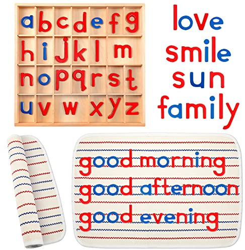 Juexica Lettere minuscole Montessori Lettere Mobili Alfabeto in Legno con Scatola e Grande Tappetino Piccolo in Legno Alfabeto Montessori Vassoi Prescolare Ortografia Apprendimento Lingua Materiali