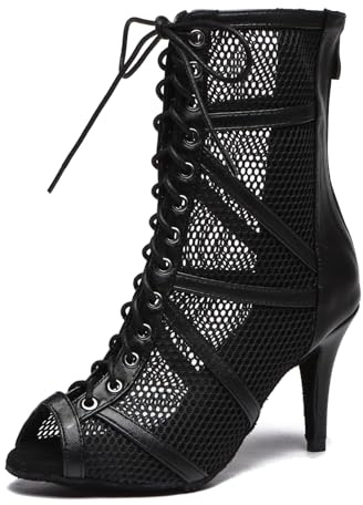 MINITOO Bottines de Danse Femme Ete Fete Prom Formal Sandals Chaussure Bout Ouvert L555 Noir 8.5cm Talon EU 39
