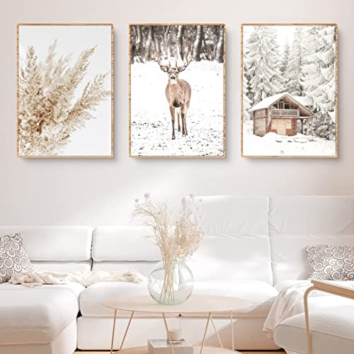 Trayosin 3er Poster Set Moderne Winter Schneelandschaft Wandbilder Bilder,Boho Bilder Set für Wohnzimmer Schlafzimmer Büro Flur Wanddeko Kunst,Ohne Rahmen (50x70cm)