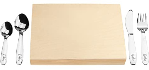 LAUBLUST Kinderbesteck mit Gravur - inkl. Geschenkbox aus Holz | Esslernbesteck Edelstahl, 4-TLG - Geschenk mit Namen für Kinder - Erinnerung an Baby & Kinderzeit | Serie: Niers