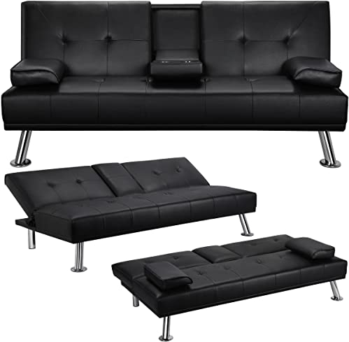 Yaheetech 3er-Sofa Schlafsofa Couch mit Tassenhalter Gästebett, Rückenlehne neigbar 105°/140°/180°, 167 x 81,5 x 75 cm, 350 KG belastbar, schwarz Kunstleder