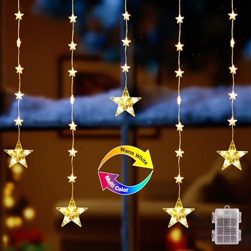 ELKTRY Christmas Star Window Lights Battery Powered, 27 Stars 52LEDs Window Hanging Lights Xmas Decorations, 8 Flash Modes with Timer, IP65 Waterproof for Indoor Outdoor Home Bedroom Party