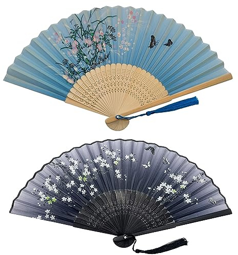 Kibon Faltbare Fächer, Handfächer, Bambus-Fächer mit Quaste für Geburtstagsgeschenke, Tanzen, Cosplay, Hochzeit, Party, Requisiten, Dekoration, Blau und Schwarz, 2 Stück