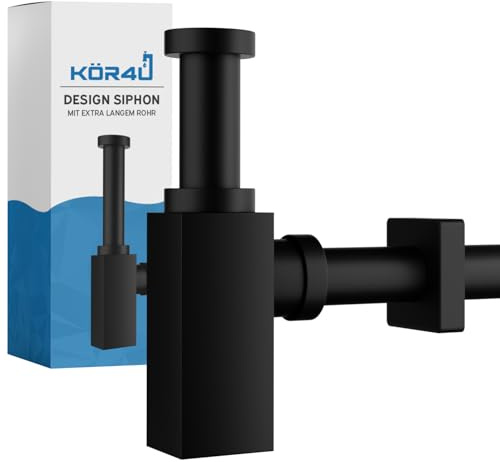 kör4u Siphon 1 1/4 Zoll x 32mm eckig, Schwarz Matt mit Dichtungen & Rosette