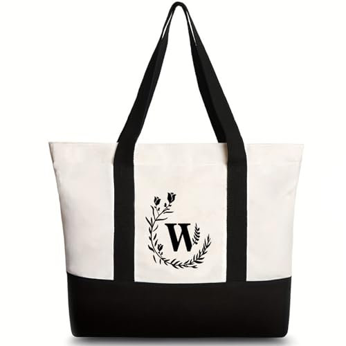 Soulnioi Canvas-Tragetasche mit Stickerei-Initiale, personalisierte Blumen-Buchstaben, bedruckte Tasche für Damen/Herren, wiederverwendbare Strandtasche aus Segeltuch für Alltag, Reisen,