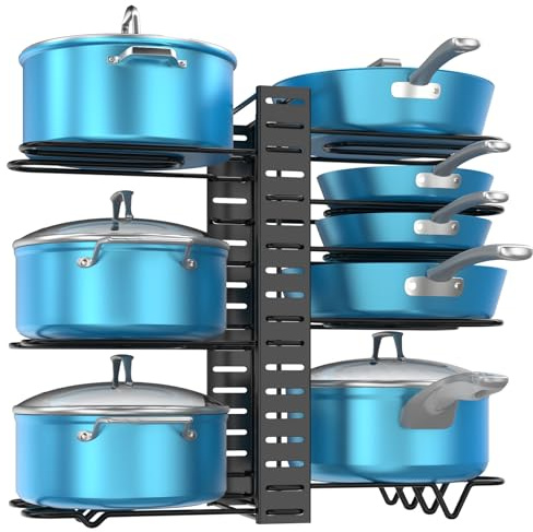 Housolution Pot and Pan Organiser for Cupboard, 8 Tier Saucepan Storage Rack with Adjustable Dividers, Pan Holder Stand with 3 DIY Methods
