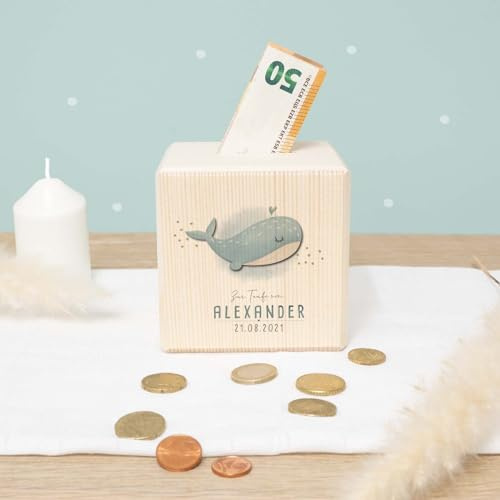 Spardose Taufe - Personalisierte Holzspardose - Geschenk zur Taufe, Taufgeschenk für Mädchen & Jungen - Sparschwein - hellomini (Wal)
