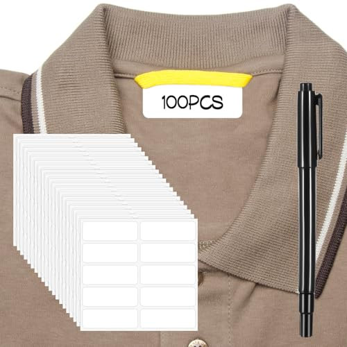 Piriuuo 100 Stück Kleidungs Etiketten, Bügelfreie Kleidungsetiketten Klebeetiketten Beschriften Wasserdicht Namensetiketten Selbstklebende Namensschilder für Pflegeheim, Camp, Wäscherei, Tagespflege