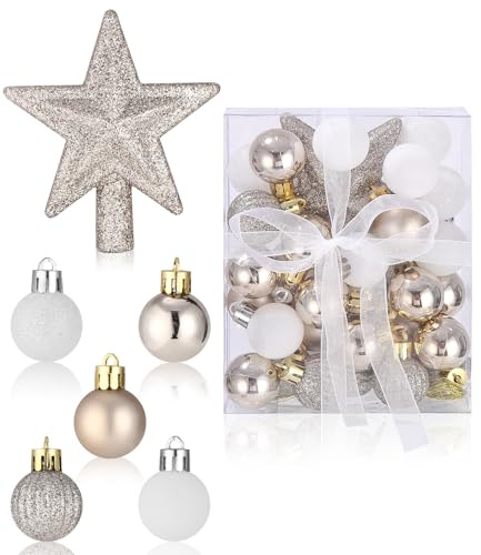 30 Stück Mini Weihnachtskugeln, 3CM Christbaumkugeln Kunststoff, Mini Weihnachtsdeko Kugeln Gold & Weiß, Tisch-Weihnachtsbaum Dekorationsset, Weihnachtskugeln Set, für Weihnachtstbaum Deko