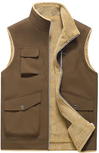 AIEOE Gilet in pile da uomo Softshell Gilet in pile foderato Gilet antivento Scaldacorpo Gilet Termico Abbigliamento leggero Invernale Senza maniche con tasche con cerniera, Marrone, XL