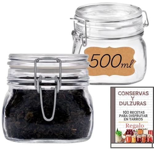 4 Tarros de Cristal Herméticos 500 ml – Botes Herméticos de Medio Litro Almacenamiento para Alimentos, Conservación Fresca y Organizada - Cierre con juntas de Silicona- Incluye Etiquetas (0,5 litros)