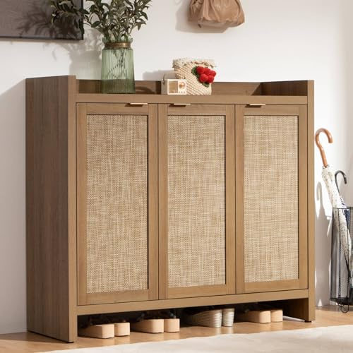 SICOTAS Shoe Storage Cabinet, 30 Pairs Rattan Shoe Cabinet Storage for Entryway, 6-Tier 41 Tall Large Shoe Cabinet, Boho Farmhouse Cabinet with Doors for Entryway Hallway Living Room Closet