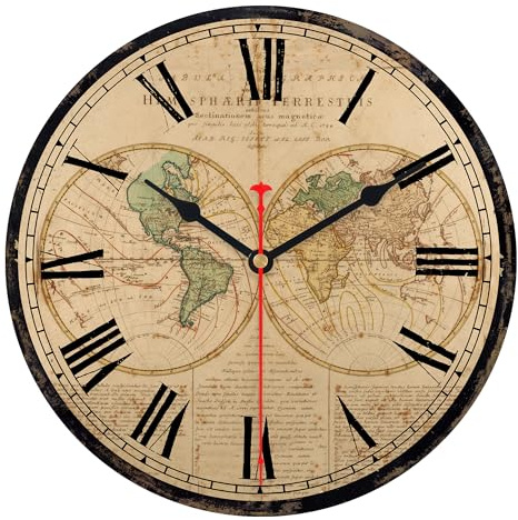 TAHEAT Weltkarte Wanduhr, 30 cm Schöne Vintage Uhren, Holz Batteriebetrieben Geräuschlos Lautlos Wanduhr für Badezimmer Küche Wohnzimmer Schlafzimmer Büro