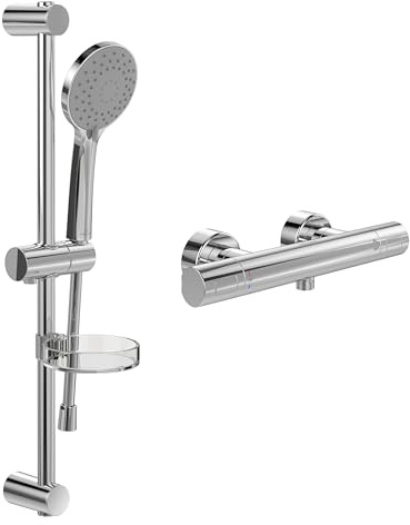 Villeroy & Boch Universal Duschset Aufputz (2 in 1) – Chrom | Set bestehend aus Duschthermostat, Handbrause, Handbrauseschlauch, Duschstange, Handbrausehalter