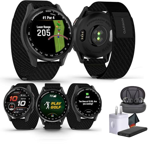 Garmin Approach S50 Montre de golf avancée avec GPS, écran AMOLED, montre intelligente de sport et de fitness, lunette en aluminium ardoise avec bracelet en nylon ComfortFit noir et écouteurs sans fil