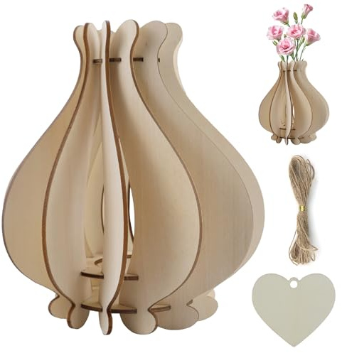 Jarrón de ramo de flores, jarrón de madera para rosas, girasoles, tulipanes, flores de cerezo, decoración de regalo para mujeres y adultos, con 1 placa de madera tipo corazón de 6 cm y 1 mm x 5 m de