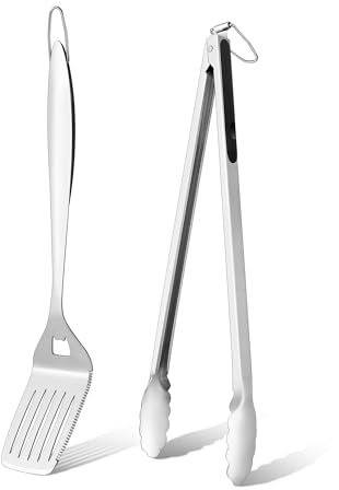 Accessori per barbecue, onader 2 pezzi in acciaio inox, set di accessori per barbecue, pinza e spatola con manico extra lungo, ideale per barbecue a gas, barbecue, campeggio, resistente al calore