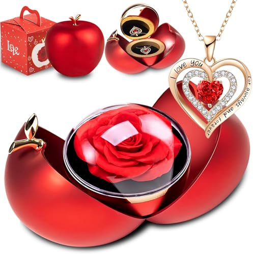 goldmiky Coffret Rose Eternelle avec Bijoux, Cadeau Fleur Rose Conservée à la Main, Cadeau Femme pour Elle la Noël,La Saint-Valentin,Fête des mères, Anniversaire,Anniversaire de mariage (Pomme rouge)